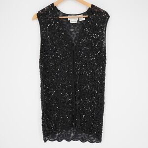 Neiman Marcus Womens Sequined Evening Vest Sz S Beaded NYE Layering Long Black